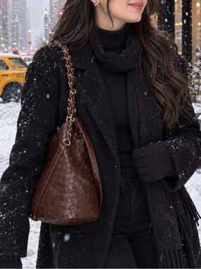 Woven Shoulder Tote Bag in Dark Brown with Chain Straps